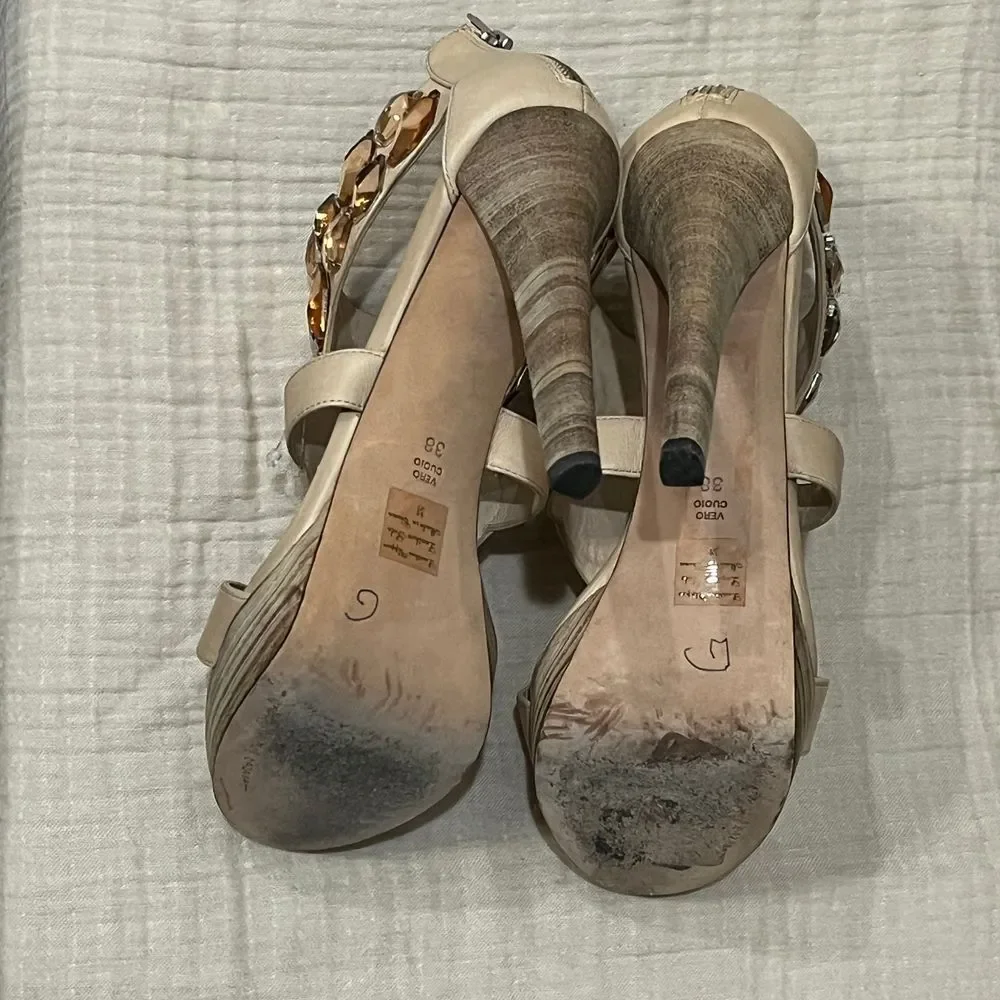 Jean-Michel Cazabat Crystal‎ Embellished Platform Leather High Heels Nude Sz 7.5